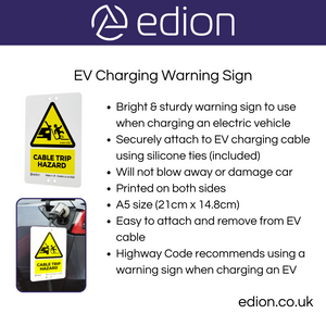 Edion EV Charging Cable Warning Sign - Prevent Pavement EV Cable Trip Hazards - Attaches to EV Cable